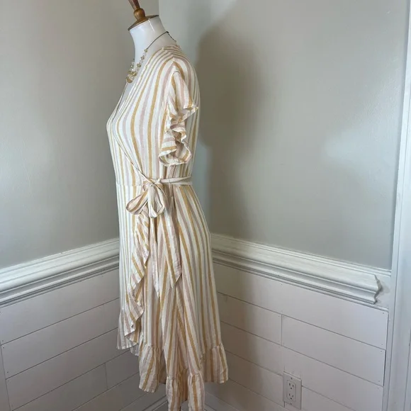 Rails Brigitte Amber & Light Rose Linen Blend Striped Wrap Dress L FREE SHIP - Picture 2 of 5